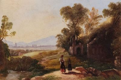 Artista sconosciuto, Campagna romana alla Fonte Egeria, olio su marmo