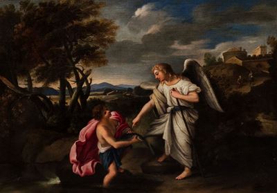 Pittore ignoto, Tobiolo e l'Angelo, olio su tela