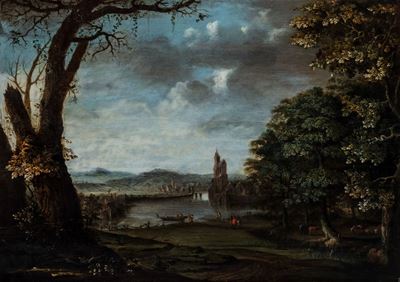 Paesaggio fluviale con borgo e viandanti, olio su tavola