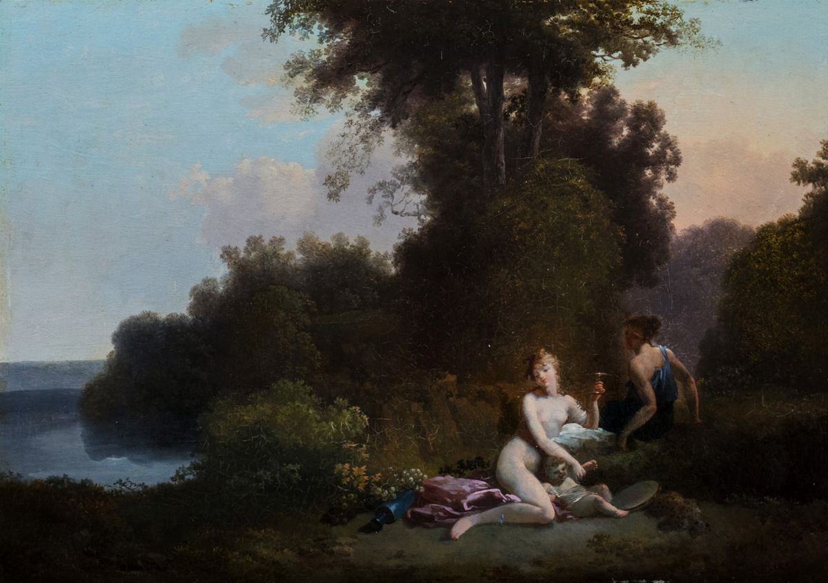 Scuola Fiamminga, Secolo XVII - Paesaggio fluviale con borgo e viandanti, olio su tavola