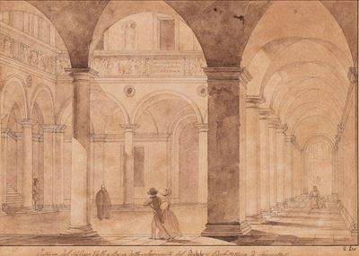 Autore ignoto, Interno di Palazzo Valle, detto del Bufalo, a Roma, inchiostro bruno acquerellato ...