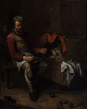 Seguace di David Teniers  - Scena domestica con bimbo nella culla
