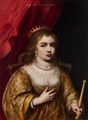 Scuola fiamminga, secolo XVII - Due figure femminili come allegorie: una giovane regina con scettro, corona e giogo e il motto Regnum est servitus; e una bambina con fiori recisi e il motto Vitae brevis honos