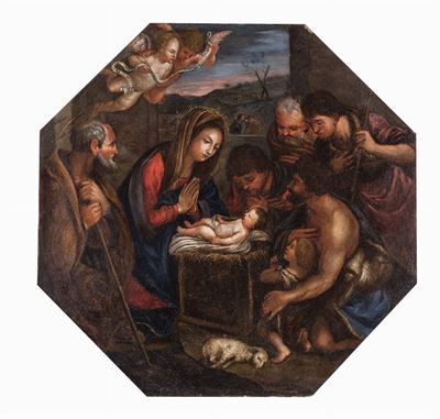 Adorazione dei pastori, olio su rame ottagonale