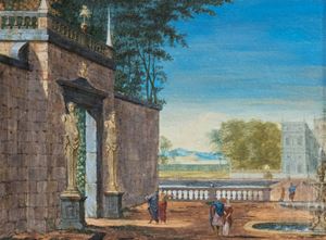 Seguace di Gaspar Van Wittel - Giardino di una villa con fontana e astanti