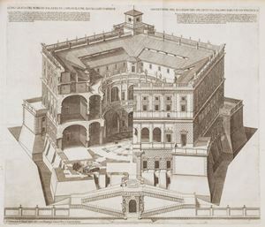 Particolare edizione interamente illustrata sui cinque ordini del Vignola, qui dedicata al card. Farnese e spesso pubblicata, come in questo esemplare, con Alcune opere d'architettura di Iacomo Barotio da Vignola, 1617, comprensiva delle 18 tavole incise e firmate da Francesco Villamena.
Early printed books, 4, n. 3447, Fowler 356 Regola delli cinque ordini d'architettura [...] Libro Primo, Et Originale
