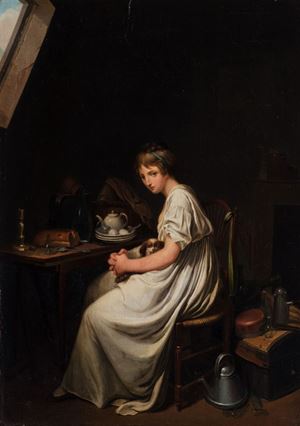 Giovane donna con cagnolino in un interno