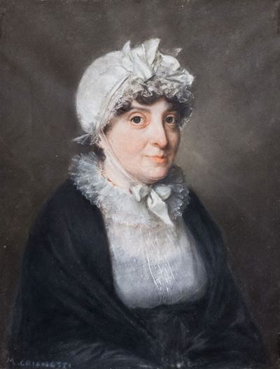 Ritratto di gentildonna a mezzo busto, con cuffia bianca, pastello su carta