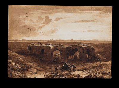Campagna romana alla Villa dei Quintili, inchiostro bruno acquerellato su carta