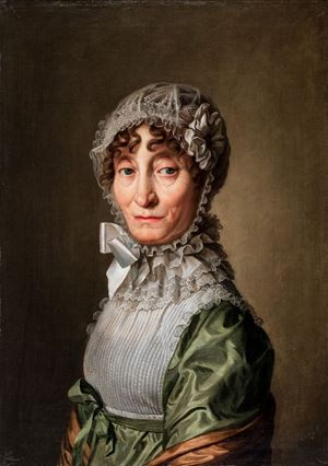 Ritratto di dama a mezzo busto con cuffia di pizzo e abito di seta verde