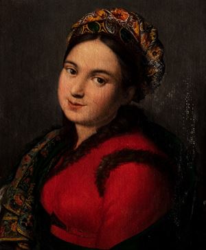 Ritratto di giovinetta con turbante, in abito rosso bordato di pelliccia