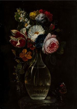 Maniera di Mario Nuzzi, detto Mario dei Fiori - Fiori in un vaso di vetro con una farfalla