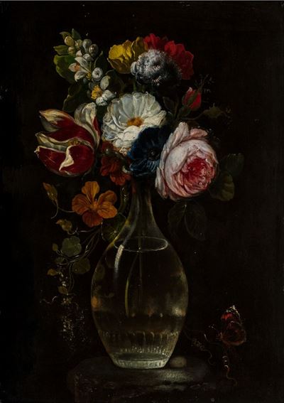 Mario Nuzzi, Fiori in un vaso di vetro con una farfalla, olio su tavola