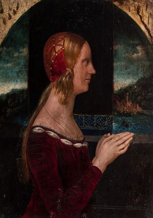 Imitatore di Antonio del Pollaiolo - Ritratto di gentildonna di profilo, in una loggia