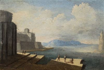 Veduta di porto mediterraneo e Paesaggio con borgo turrito, olio su tavola