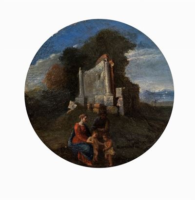 Autore Non Identificato, Sacra Famiglia con San Giovannino in un paesaggio con rovine classiche, ...