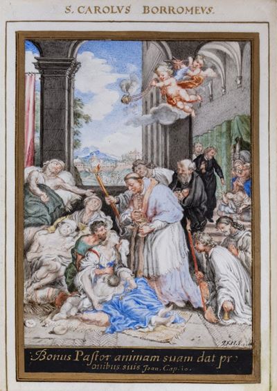 Autore sconosciuto, San Carlo Borromeo distribuisce l'eucarestia agli appestati, tempera su perga...