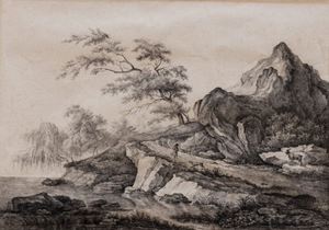 Scuola francese, fine secolo XIX - inizi secolo XX - Paesaggio fluviale con pastore e cagnolino; e Paesaggio con il Tempio di Minerva Medica