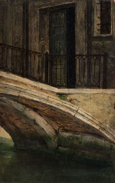 Lotto composto da tre dipinti a olio su tavola: 'Calle a Venezia', 'Notturno con casolare', 'Paes...