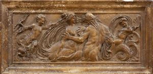 Scuola italiana, inizi secolo XX - Lotto composto da due bassorilievi e una piccola scultura: Lunetta in terracotta con Cristo in trono; Formella in gesso patinato in stile rinascimentale con figure allegoriche; e Gentiluomo in abiti eleganti in terracotta