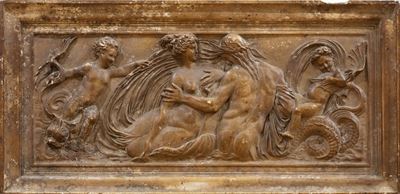 Bassorilievi e scultura in terracotta, Lotto composto da Lunetta con Cristo in trono, Formella al...
