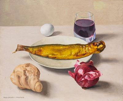 Natura morta con aringa e bicchiere di vino, olio su faesite