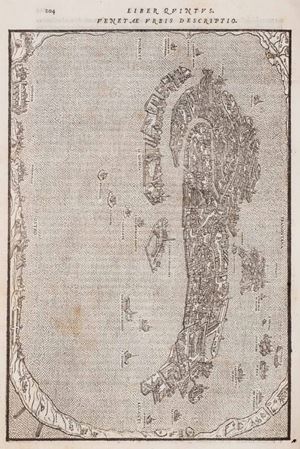 Esemplare completo in prima edizione latina con il notabile commento dell'umanista Daniele Barbaro. L'edizione è particolarmente apprezzata anche per il ricco ed interessante apparato iconografico costituito da più di cento illustrazioni incise in xilografia nel testo; fra le diverse illustrazioni notevole la tavola a piena pagina con la veduta dall'alto di Venezia presente per la prima volta in questa edizione. Le belle incisioni che raffigurano architetture, macchine, orologi e i più diversi oggetti sono attribuite a Poleni e al tedesco Chrieger. 
Cicognara 716; Fowler 409; Adams V, 909; Riccardi I, 614 - 5 De Architectura libri decem, cum commentariis Danielis Barbari ...