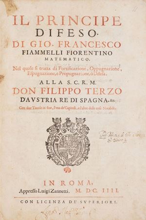 Opera in prima edizione sulla scienza delle fortificazioni. Nell'opera, divisa in otto libri, l'autore esamina il tema delle fortificazioni in tutte le sue possibili declinazioni; interessante il tentativo di Fiammelli di apportare fondamenti scientifico matematici basati sulla geometrica euclidea all'arte della guerra. Il Principe difeso [...] Nel quale si tratta di fortificazione, oppugnazione, espugnazione, e propugnazione, ò difesa ...
