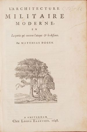 Interessante ed unica opera sull'architettura militare olandese del periodo nella sua prima edizione in traduzione francese di Helie Poirier dall'originale latino pubblicato nel 1647 per il medesimo stampatore. Manca all'esemplare la prima parte dell'opera. Molto accurate le tavole incise che riproducono dettagli di città fortificate.  L' architecture militaire moderne en la partie qui concerne l'attaque & la deffance 