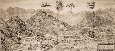 Blaeu, Garexium - Grande veduta panoramica della città di Garessio, 1725