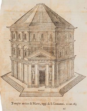 Rara prima edizione completa di tutte le tavole, di questa opera sulla storia di Firenze del Borghini (1515-1580), definito dal Moreni &ldquo;maggior luminare... in questi suoi maravigliosi discorsi&rdquo;. Comprende anche, con proprio frontespizio, il trattato Della chiesa e vescovi fiorentini. Brunet I, 114: &ldquo;ouvrage recherch&eacute;&rdquo;; Gamba, 243: &ldquo;raro... Il secondo volume... &egrave; molto pi&ugrave; raro... il Redi sin dal 1688 scriveva al suo amico Giuseppe Valletta a Napoli: Non mi &egrave; stato possibile il trovar la seconda Parte de&rsquo; Discorsi del Borghini, questo libro &egrave; diventato qui pi&ugrave; che rarissimo&rdquo;; Moreni I, 150.  Discorsi