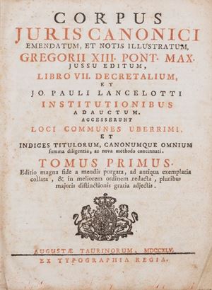 Bel lotto incentrato sul diritto canonico comprensivo di una bella edizione settecentesca del Corpus Iuris Canonici.
Lotto non passibile di restituzione. Senza Titolo