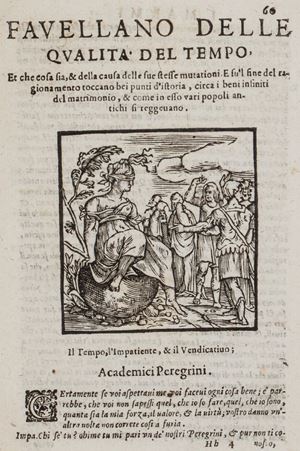 Opera celebre in bell'esemplare. L'opera e così intitolata perchè organizzata in forma di dialoghi che si fingono tenuti sulle scalee di marmo poste a Firenze a S. Liberata. Corredata da suggestive tavole, le stesse dell'edizione marcoliniana, e con spiegazioni aggiunte dall'editore all'inizio di ogni dialogo. Bongi 408; Ricottini Marsili-Libelli 92. I marmi del Doni academico peregrino, cioè ragionamenti introdotti à farsi da varie conditioni d'huomini, à luoghi di honesto piacere in Firenze