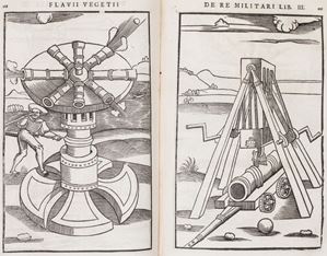TERZA EDIZIONE DEL COMPENDIO DI SCIENZA MILITARE DI WECHSEL, dopo le edizioni 1532 e 1534. Le illustrazioni, di stile tedesco, sono riprese dall'edizione di H. Steiner impressa ad Augusta nel 1529, ispirate a loro volta dalle tavole dell'edizione di Erfurt del 1511, stampata da Hans Knappe.

Cockle 17; Fairfax Murray, French 563; Mortimer, Harvard French 487. De re Militari libri quatuor.