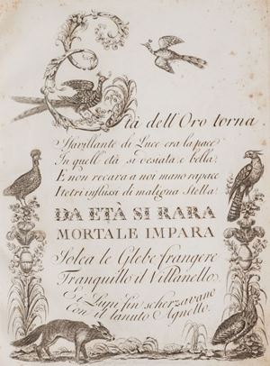Alfabeto di lettere iniziali adorno di animali e proseguito da vaga serie di caratteri
