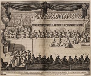 Seconda opera: prima edizione ed unica di quest' opera rara del genealogista Pierre d’Hozier (1592-1660), dettagliata relazione della cerimonia di nomina dei cavalieri dell'ordine di Santo Spirito, l'ordine più prestigioso della monarchia francese, svoltesi nel  maggio 1633. L'opera è notevole per il corredo iconografico che comprende un antiporta raffigurante il re, 3 grandi tavole che raffigurano la cerimonia, i vestiti dei cavalieri ed anche la celebre rappresentazione della festa data dal re nella sala da ballo del castello  di Fontainebleau, il tutto inciso in maniera superba da Abraham Bosse.  Les armes et blasons des chevaliers de l'Ordre du Sainct Esprit créez par Loys XIII roy de France et de Navarre