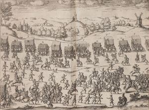 Prima edizione rara di quest'importante trattato di cavalleria, corredato da un bellissimo apparato iconografico: il frontespizio calcografico ritrae, oltre a figure della mitologia classica, tre differenti tipi di cavalieri, due dei quali impegnati in duello, le tavole fuori testo illustrano armi e armature, truppe, schieramenti, piani d'attacco e di difesa. Cfr. Argelati II, 921; Cockle 723; Graesse IV, 474; Haym IV, 168; Hiler 581; Huth 16; Lipperheide 2066; Mennessier de la Lance II, 181; Piantanida II, 1441. Regole militari […] sopra il governo e servitio della cavalleria