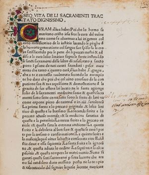 Incunabolo di pregio, in lingua volgare, contenente il Confessionale "Curam illius habe", Medicina dell'anima, del santo Antonio Pierozzi, arcivescovo di Firenze. L'incunabolo contiene inoltre il Trattato dell' excommunicazione di Tommaso D'Aquino, Orazione che diceva quando andava a celebrare. Orazione che se fa dopo la comunione. Li dieci comandamenti volgare fatti in rima. Credo volgare fatto in rima.
Goff A783; IGI 612; BMC VI 800; GW 2076; ISTC. ia00783000 Confessionale: Curam illius habe