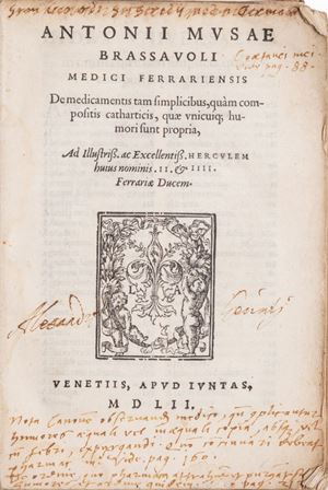 Prima edizione di questo interessante trattato sulle medicazioni del prolifico ferrarese Brasavola, medico erudito in svariate altre scienze e professore universitario. Della sua produzione si conoscono pi&ugrave; di 40 opere a stampa e diverse altre rimaste manoscritte.Adams B-2680. De medicamentis tam simplicibus, quam compositis catharticis, quae vnicuique humori sunt propria ...