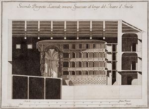 Ottimo esemplare.
Morelli (1732-1812) fu architetto di passaggio tra lo stile barocco e il neoclassico; ricoprì per molti anni l'incarico di architetto pontificio. Realizzò, oltre al Palazzo Braschi di Roma, altri teatri a Fermo, Jesi, Macerata. Opera interessante anche per l'apparato iconografico, che offre testimonianza completa del teatro di Imola (la pianta dello scenario, il prospetto della scena, lo spaccato laterale) e dà la possibilità di confronto con altre architetture per teatri italiani. Pianta e spaccato del nuovo Teatro d'Imola