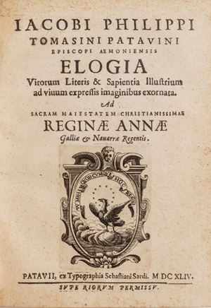 Prime edizioni di queste gallerie di uomini illustri, poeti, scrittori, filosofi, avvocati, scienziati, tra cui Cardano e Tycho Brahe. La prima opera contiene 74 biografie, accompagnate da ritratti o stemmi di famiglia di personaggi legati alla città di Padova. Tomasini scrisse poi un altro libro sui letterati e sapienti, edito da Sardi nel 1644 che, sebbene autonomo, Vinciana consiglia per motivi di organicità di tenere insieme al precedente. Praz 515; Wellcome III, 6317.  Illustrium virorum elogia iconibus exornata