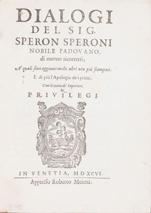L'edizione più completa dei dialoghi dell'umanista e filosofo padovano Sperone Speroni, contenente 17 dialoghi sui più vari argomenti: amore, dignità delle donne, parto, cura familiare, discordia, retorica, storia, Senofonte, Virgilio, fortuna e altri. Dialoghi 