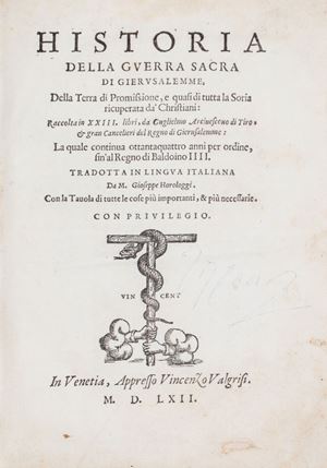 Traduzione di Giuseppe Orologi della "Historia rerum transmarinarum" dell'arcivescovo di Tiro, un dettagliato resoconto scritto in latino della storia delle prime crociate e del regno di Gerusalemme. Adams W-179. Historia della guerra sacra di Gierusalemme, della terra di promissione, e quasi di tutta la Soria ricuperata da' Christiani: raccolta in XXIII libri
