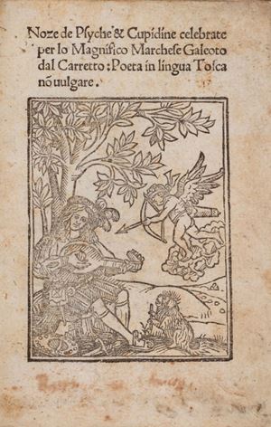 Rarissima edizione, priva di dati editoriali, delle Nozze di Psiche e Cupidine, riduzione della favola apuleiana. L'edizione è attribuita, oltre che al Minuziano, anche ai tipi di Niccolò Zoppino e Vincenzo di Paolo. Nel lotto anche la seconda edizione, stampata nello stesso anno della prima, del celebre Dialogo delle bellezze del letterato beneventano Franco, in cui vengono elogiate e celebrate le donne di Casale. Noze de Psyche & Cupidine celebrate per lo magnifico marchese Galeoto dal Carretto: poeta in lingua tosca non vulgare