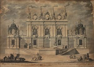 Disegno della seconda Macchina rappresentante una Prospettiva di Villa adorna di antici monumenti, avanti alla quale s'introduce un giuoco di Giostra [...]. Una villa antica con scena di giostra. Disegno della seconda macchina eretta nella Piazza Farnese per festeggiare la presentazione della Chinea l'Anno 1775 rappresentante la tanto al Popolo aggradevole Caccia dei Tori