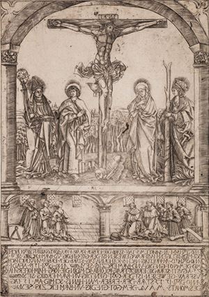 Incisione, stampata ad Augsburg, rappresenta la parte superiore dell&rsquo;epitaffio di Ulrich Schmid (morto nel 1517).  Cristo sulla croce tra la Vergine e San Giovanni ed i santi Ulrich ed Afra
