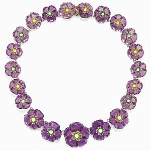 COLLANA IN ARGENTO, ORO 9KT, AMETISTE, PERLE COLTIVATE E SMERALDI