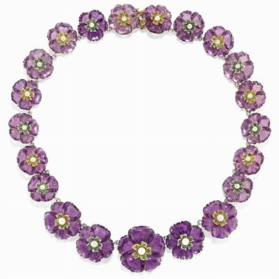 Collana in argento e oro 9 kt con ametiste, perle coltivate, smeraldi