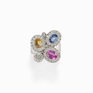 ANELLO IN ORO 18KT, ZAFFIRI MULTICOLOR E DIAMANTI