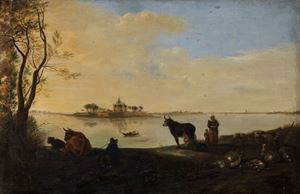 Paesaggio fluviale con armenti e astanti